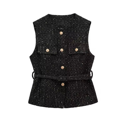 Textured Buttoned Belted Vest