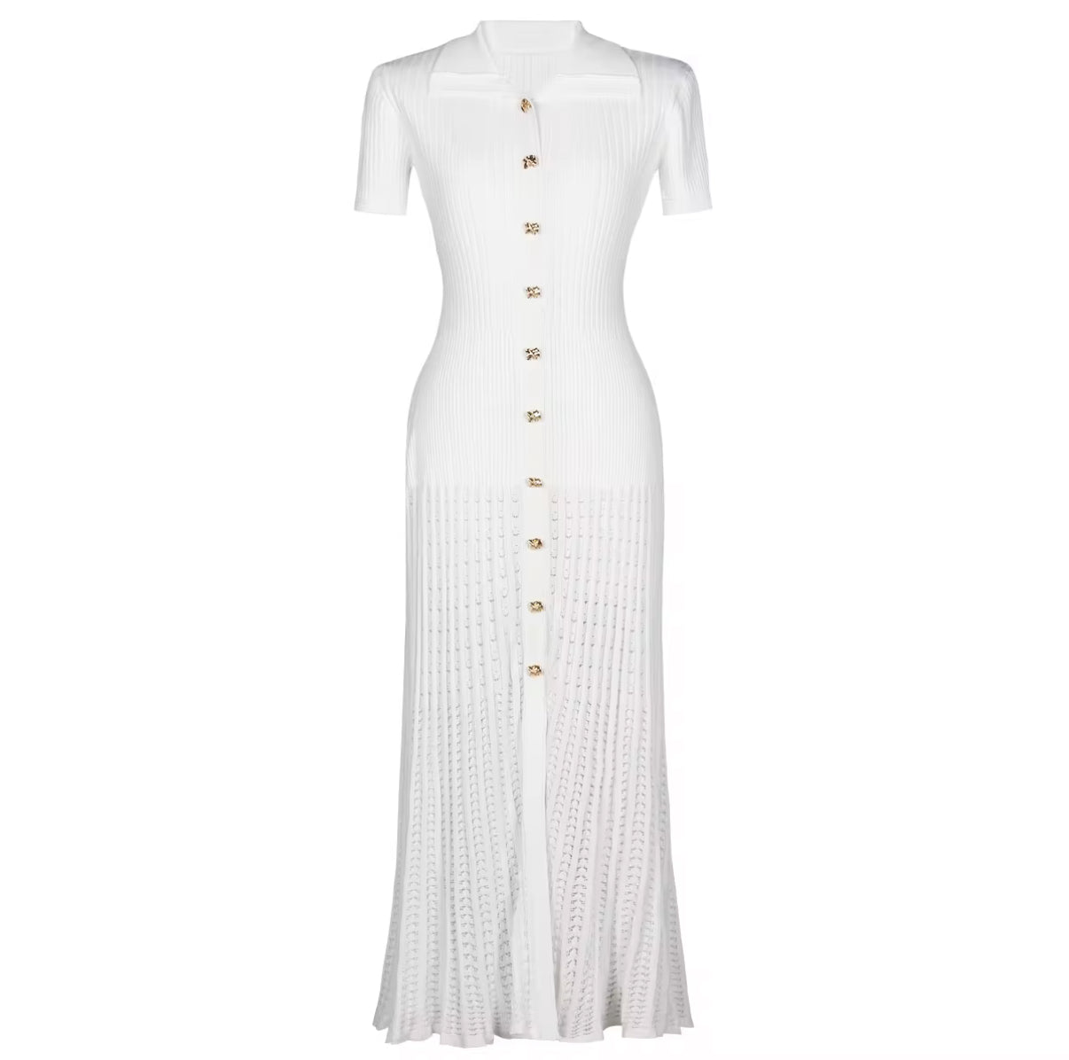 Elegant Ribbed Knit Maxi Dress with Gold Button Front