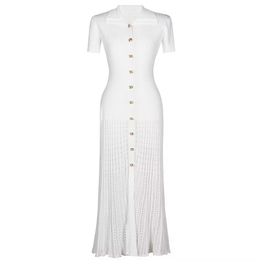 Elegant Ribbed Knit Maxi Dress with Gold Button Front