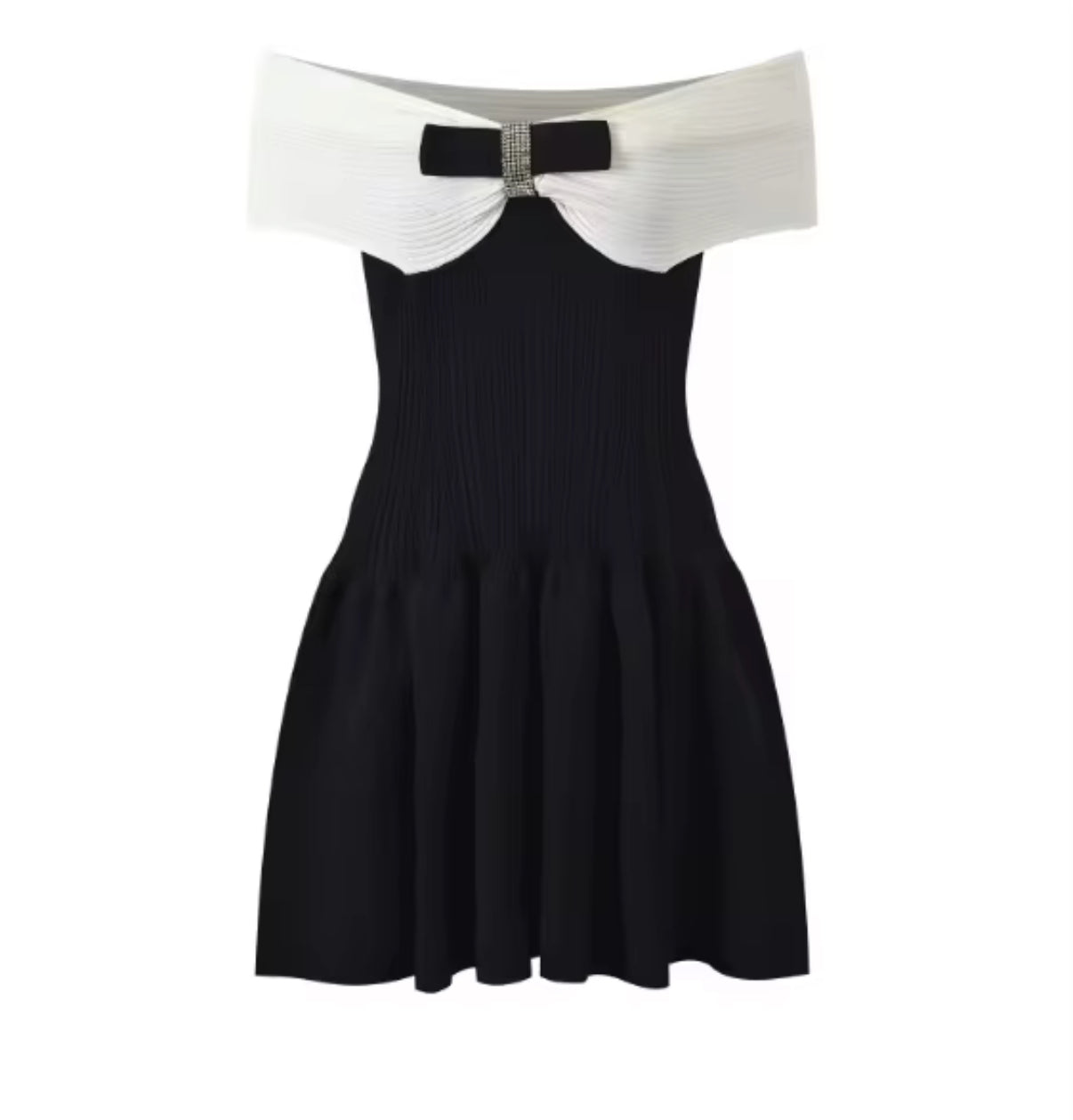 Black & White Off-Shoulder Mini Dress with Bow Detail