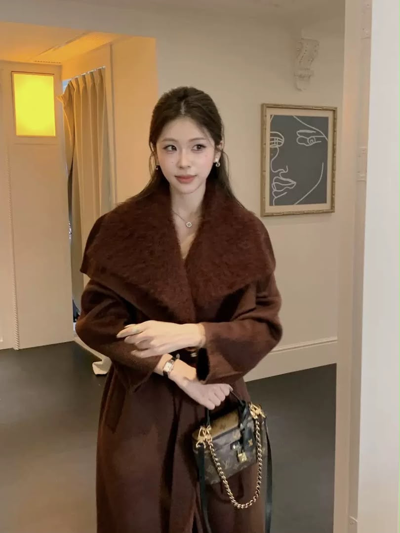 Faux Fur Collar Belted Long Coat