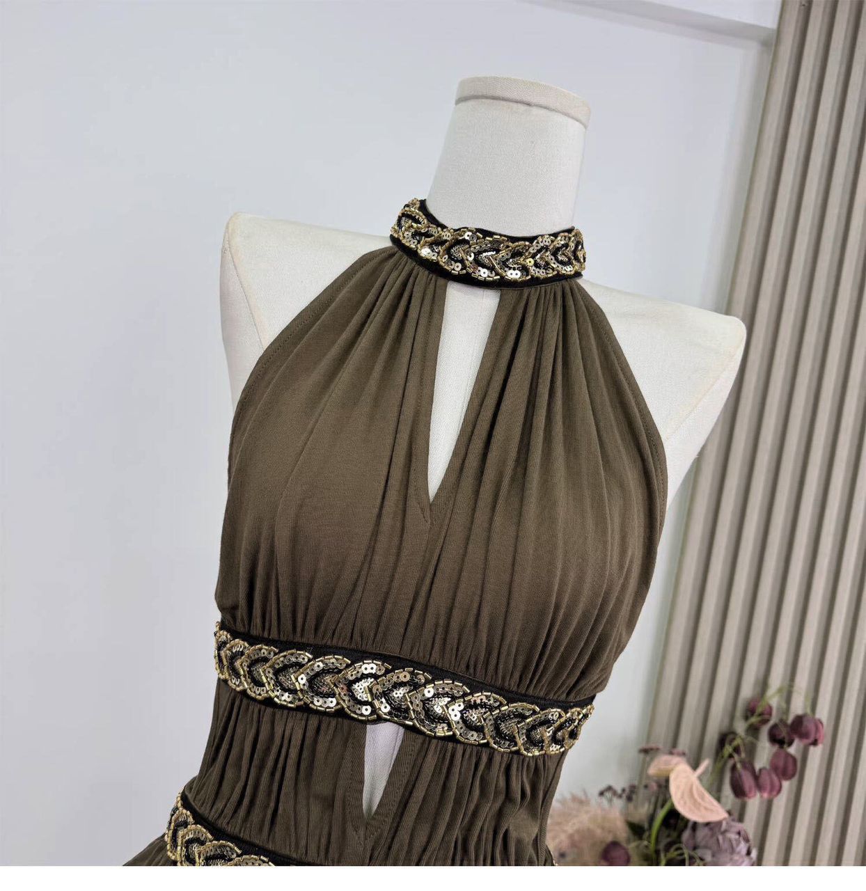 Olive Gold Chain Halter Gown