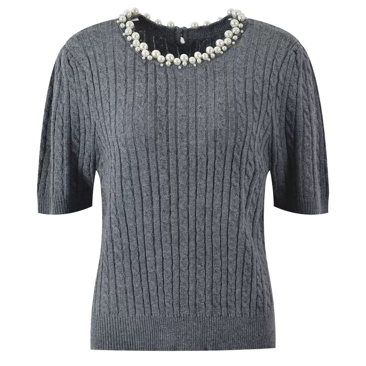 Pearl-Embellished Cable Knit Top