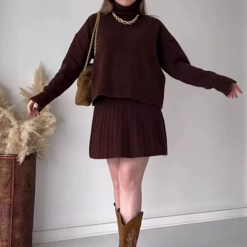 Soft Pleats Knit Turtleneck Sweater & Skirt Set