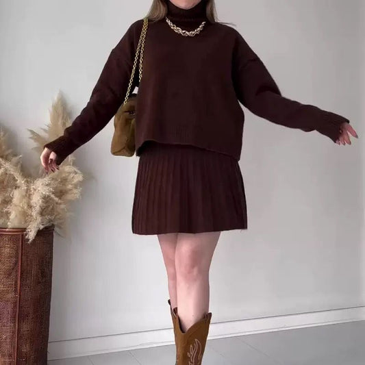 Soft Pleats Knit Turtleneck Sweater & Skirt Set