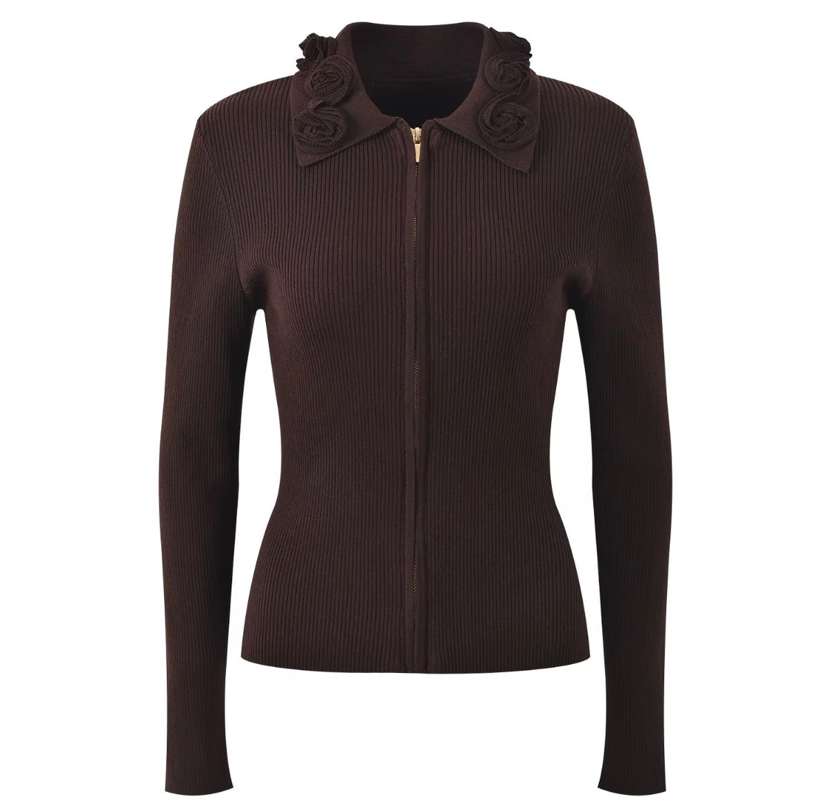 Rose Collar Zip-Up Knit Top