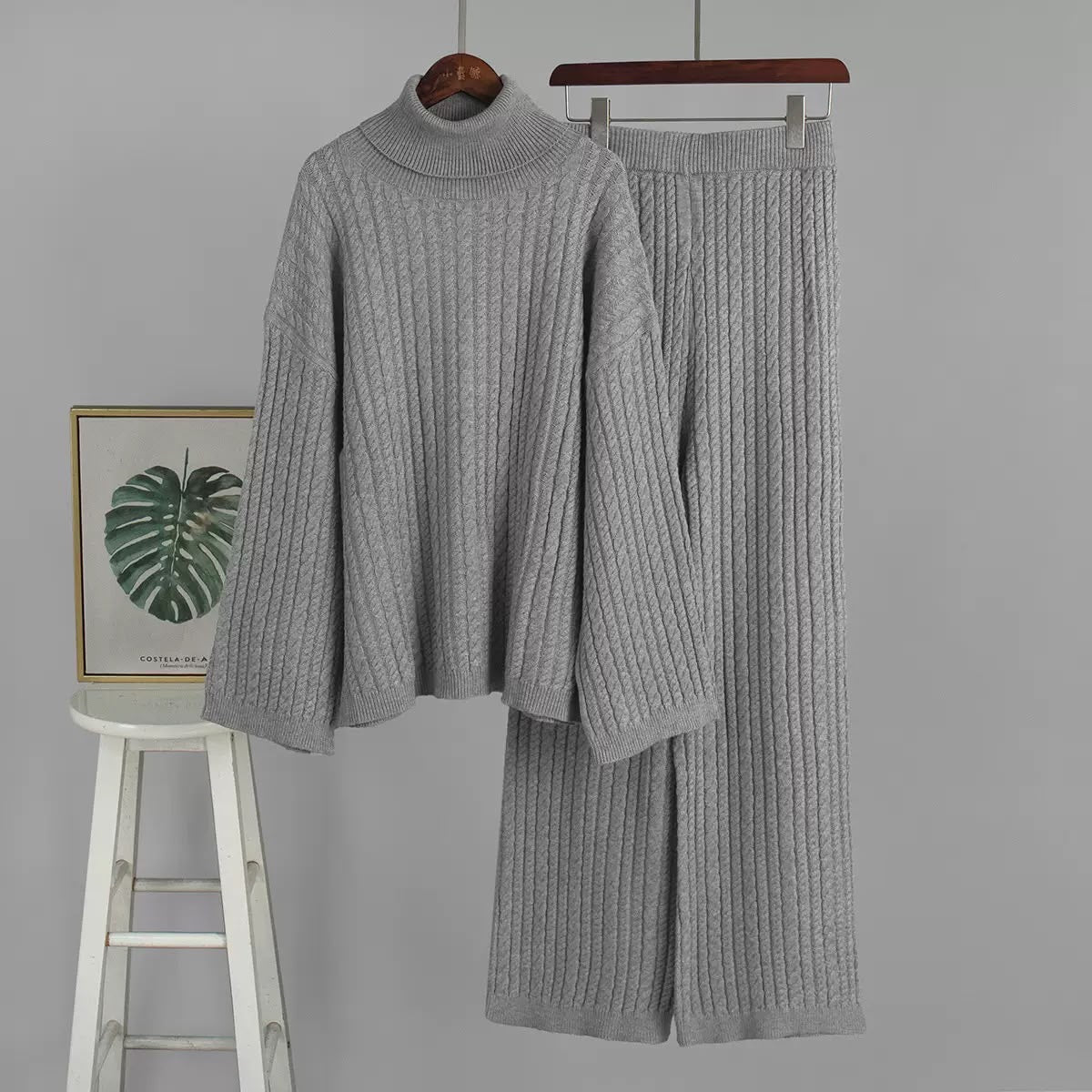 Cable Knit Turtleneck Scarf & Wide-Leg Pants Set
