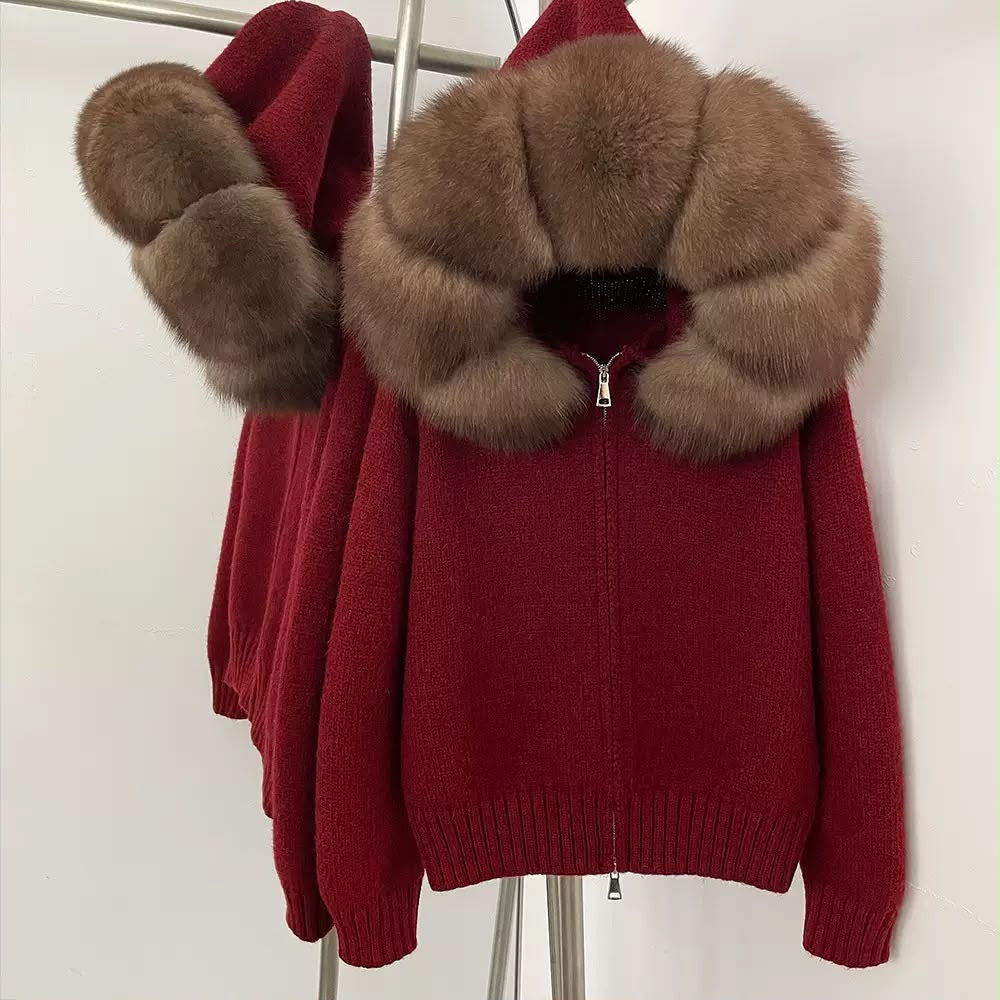 Oversized Fur Collar Knit Cardigan