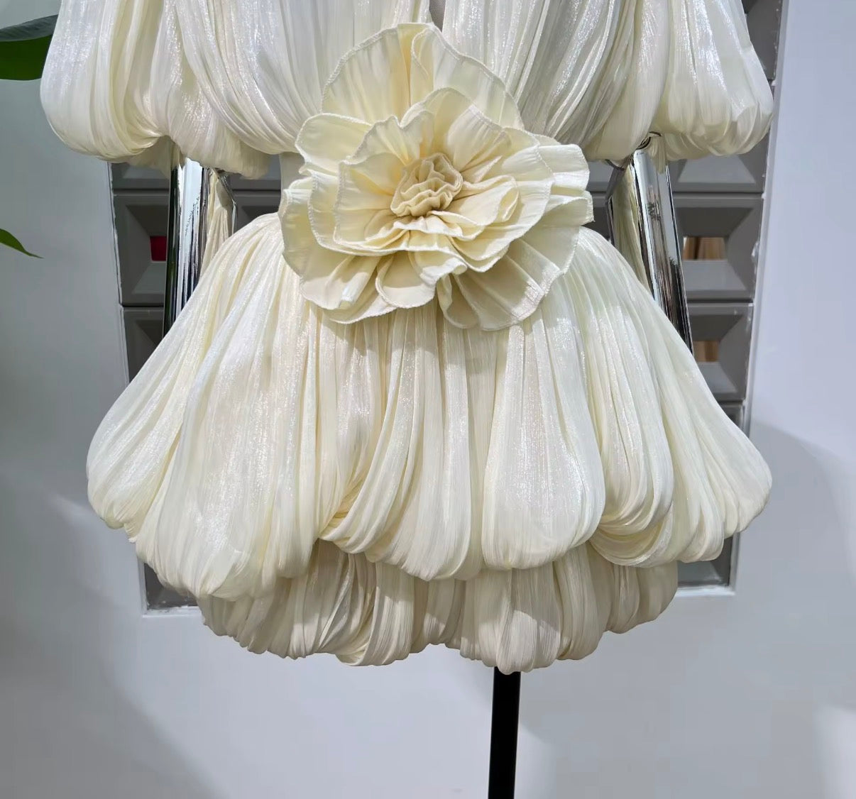Pleated Puff Sleeve Floral Detail Mini Dress