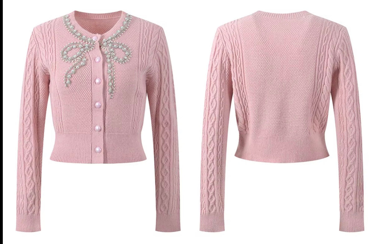 Crystal Bow Cable-Knit Cardigan
