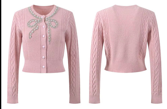 Crystal Bow Cable-Knit Cardigan