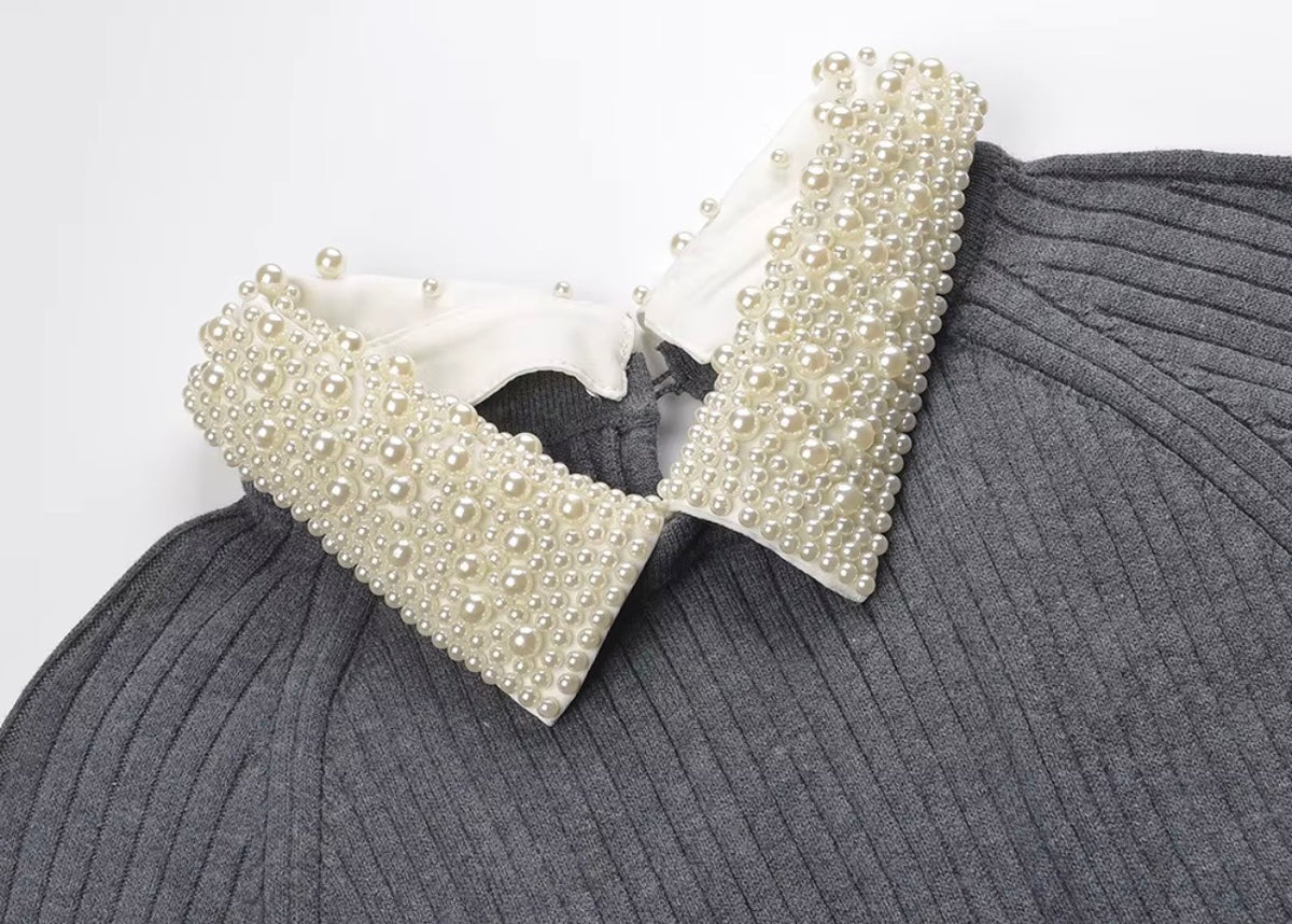 Pearl Collar Ribbed Knit Dress