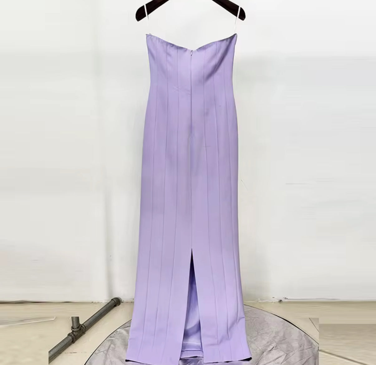 Lilac strapless evening dress with beaded detailing