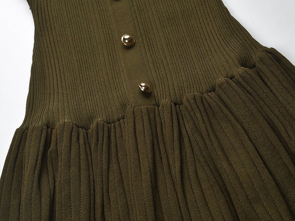 Strapless Pleated Maxi Dress with Gold Button Detail & Belt