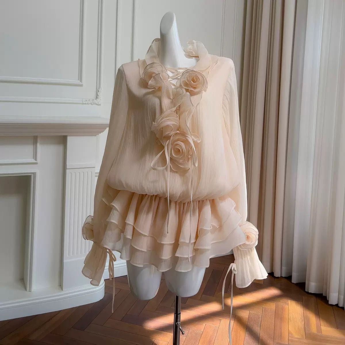 Peach Ruffle Dress with Roses