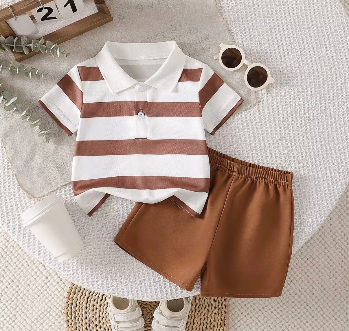 Cocoa Stripe Polo Set