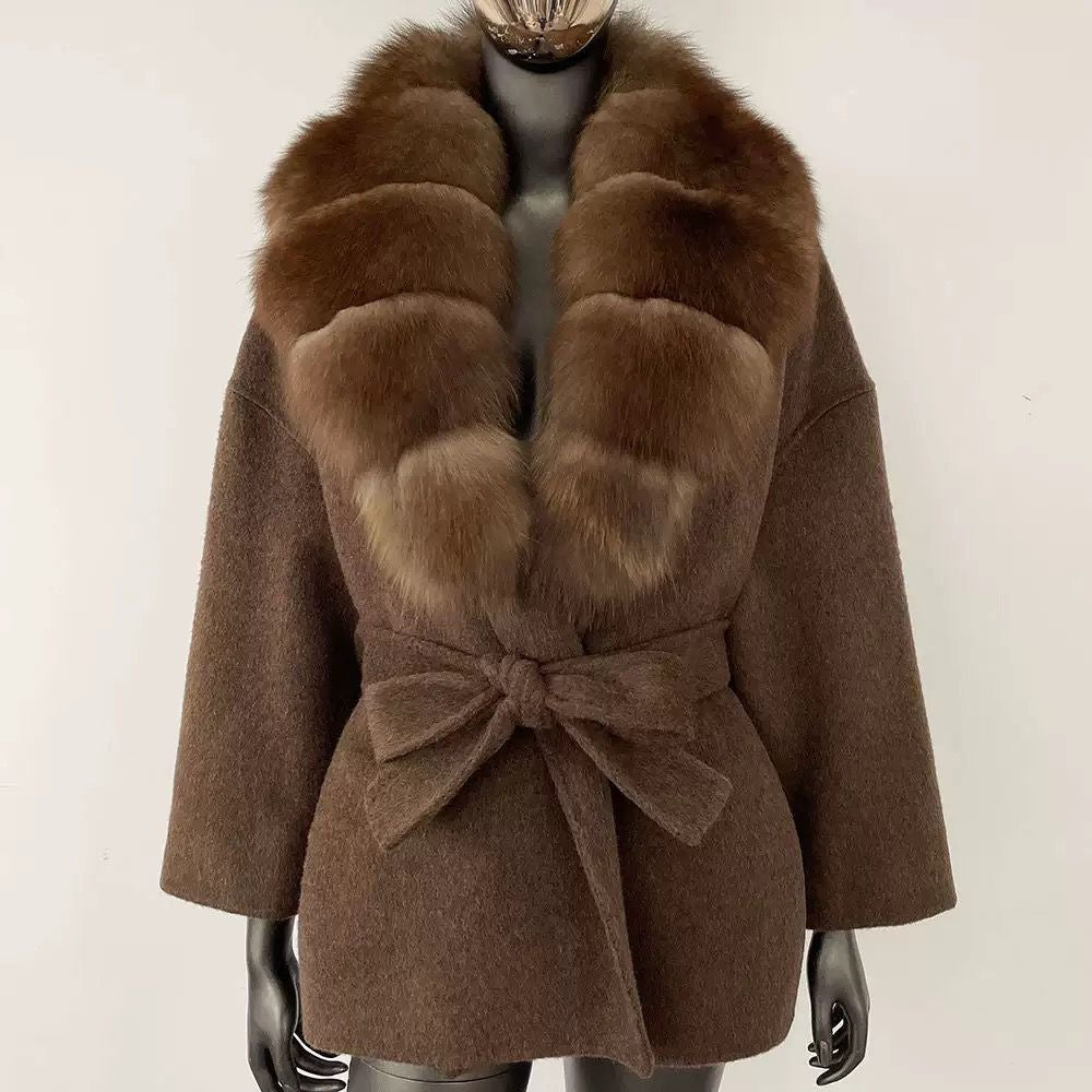 Fur-Collar Belted Wool Coat