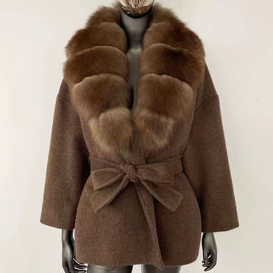 Fur-Collar Belted Wool Coat