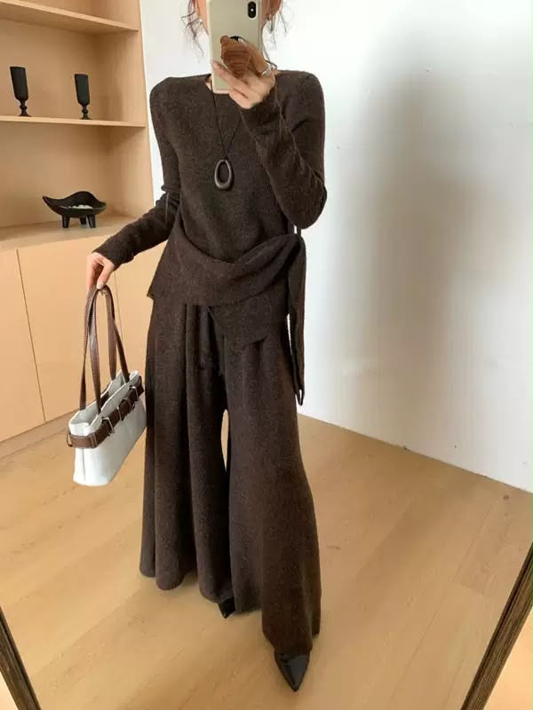 Draped Knit Top & Wide-Leg Pants Set