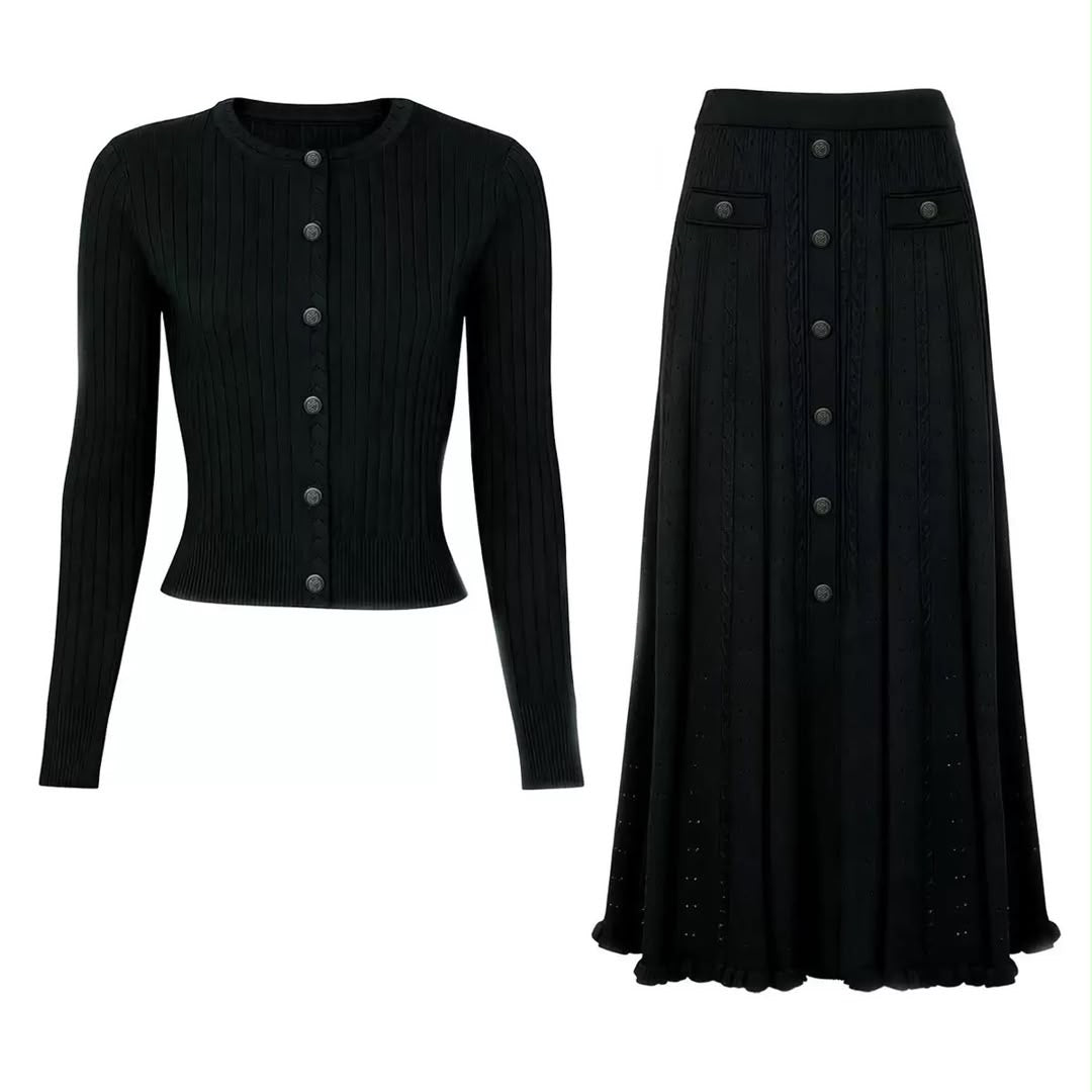 Black Ribbed Knit Cardigan & Midi Skirt Set
