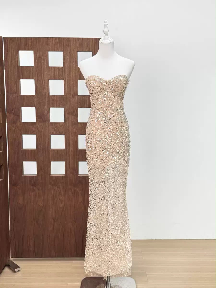 Champagne Sequin Strapless Maxi Dress