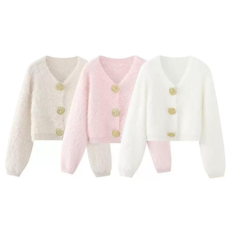 Fuzzy Button Cardigan with Gold Details