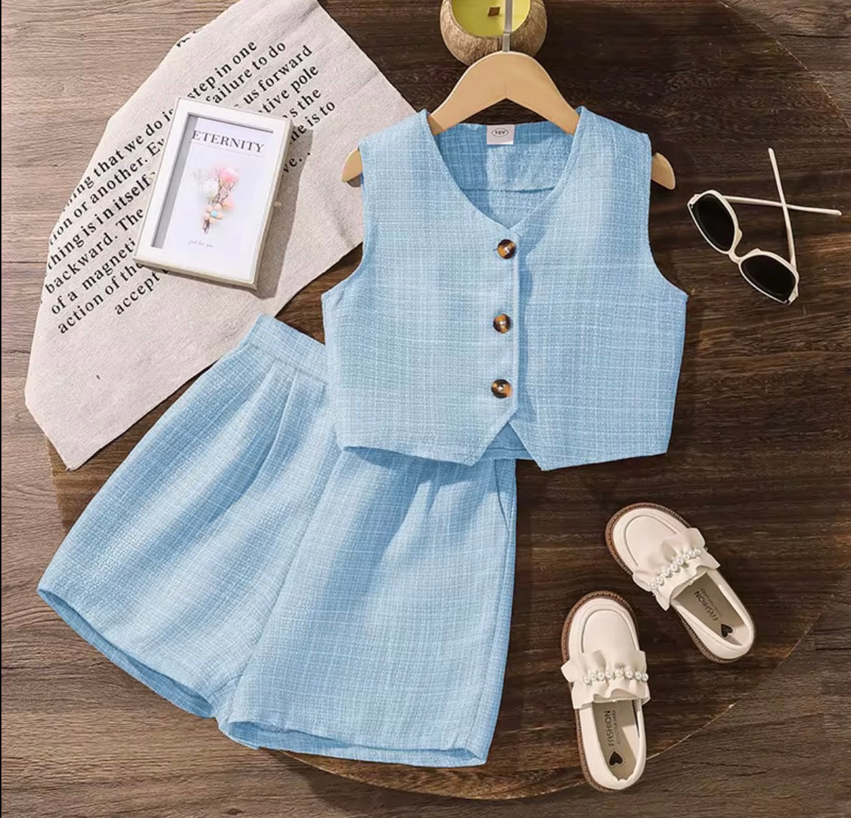 Textured Button Vest & Shorts Set