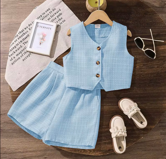 Textured Button Vest & Shorts Set
