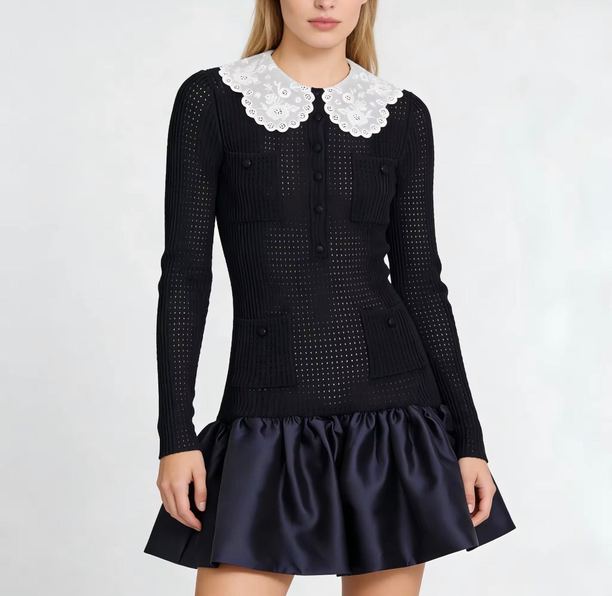 Lace Collar Long Sleeve Mini Dress