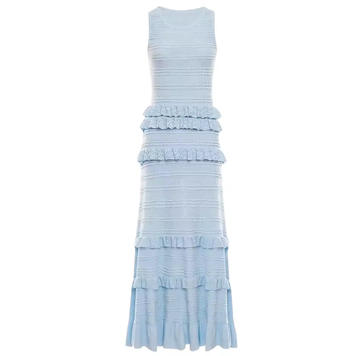 Pastel sleeveless maxi dress with layered ruffle tiers