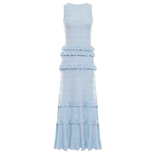Pastel sleeveless maxi dress with layered ruffle tiers