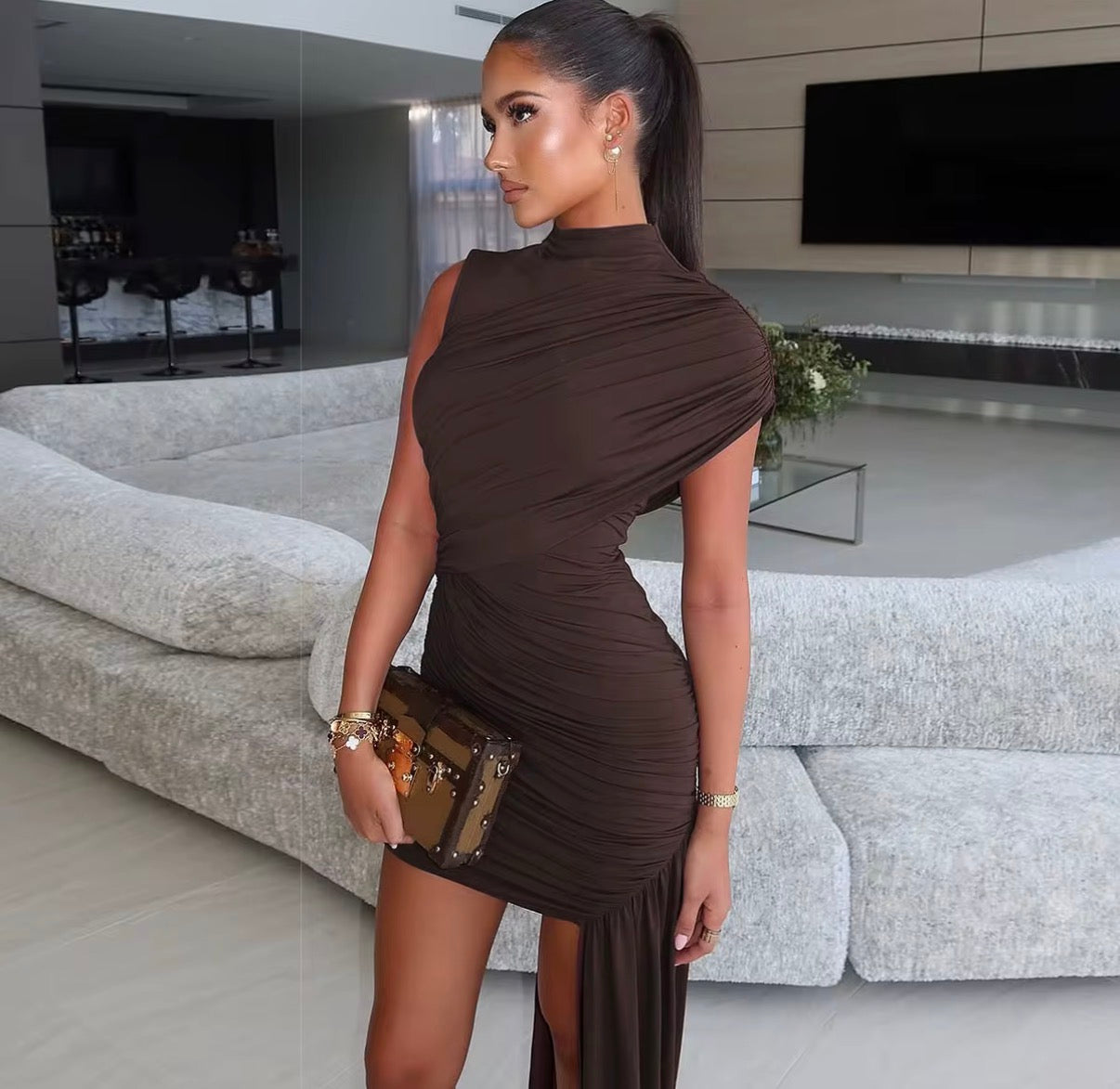 Asymmetric Ruched Mini Dress with Drape – Yabaya Boutique