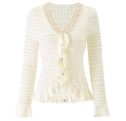 Ivory Lace-Trim Ruffle Knit Cardigan