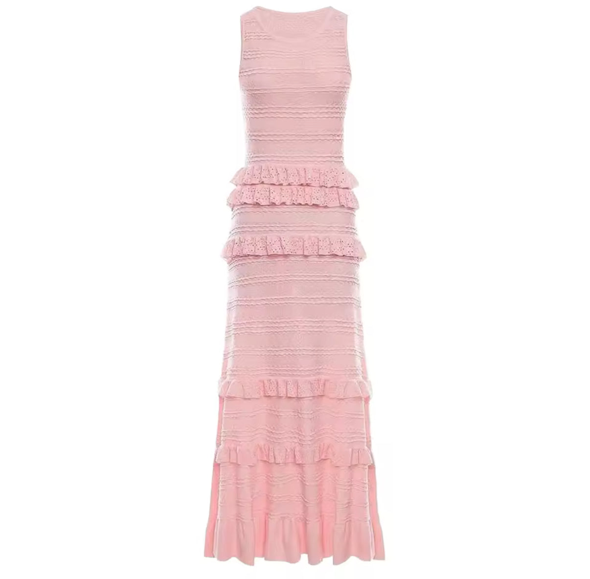 Pastel sleeveless maxi dress with layered ruffle tiers
