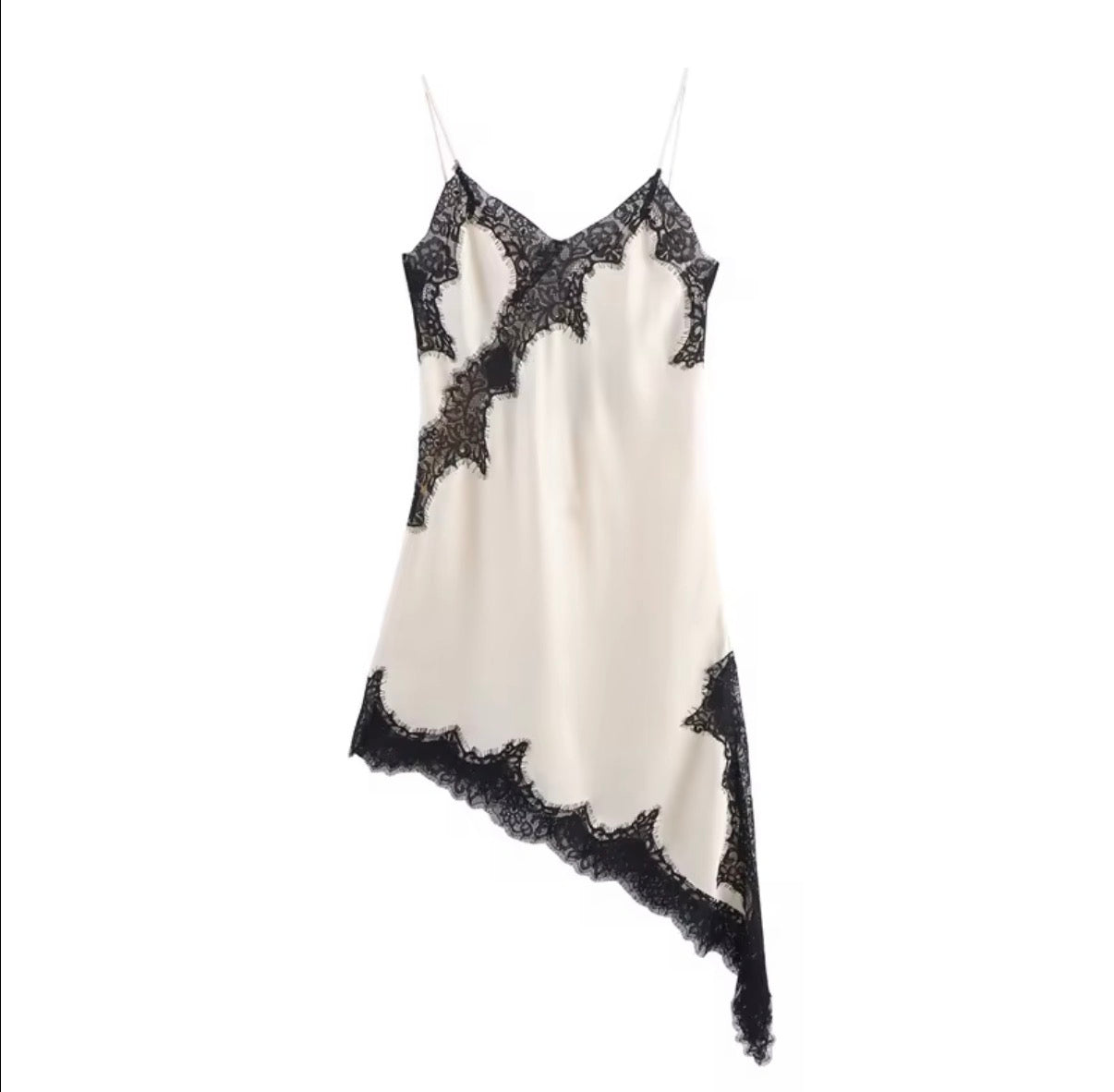 Asymmetric Lace Trim Slip Dress