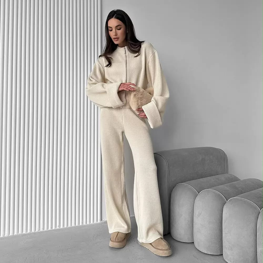 Zip-Up Ribbed Knit Wide-Leg Set.