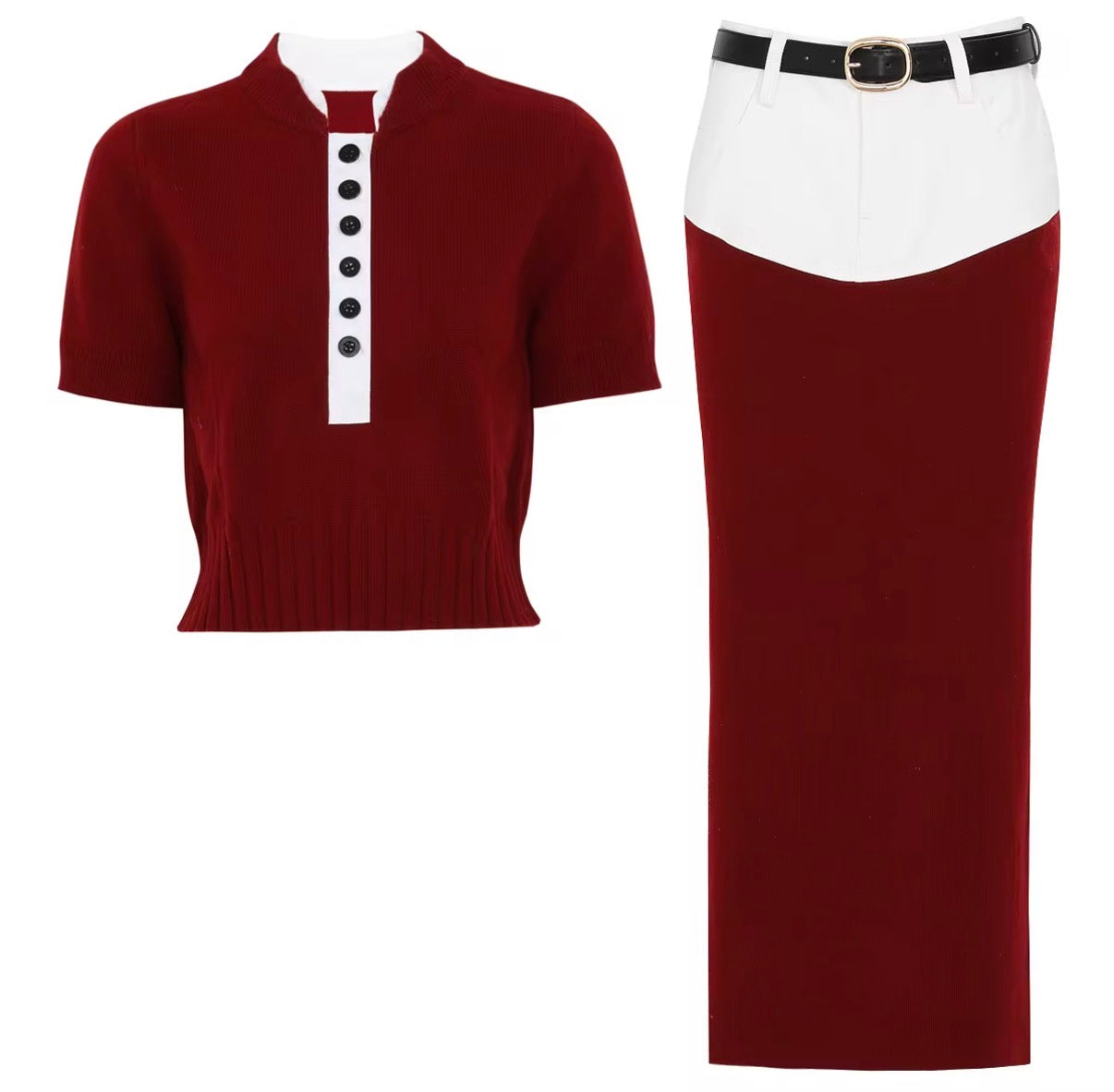 Short Sleeve Button-Front Knit Two-Piece Set