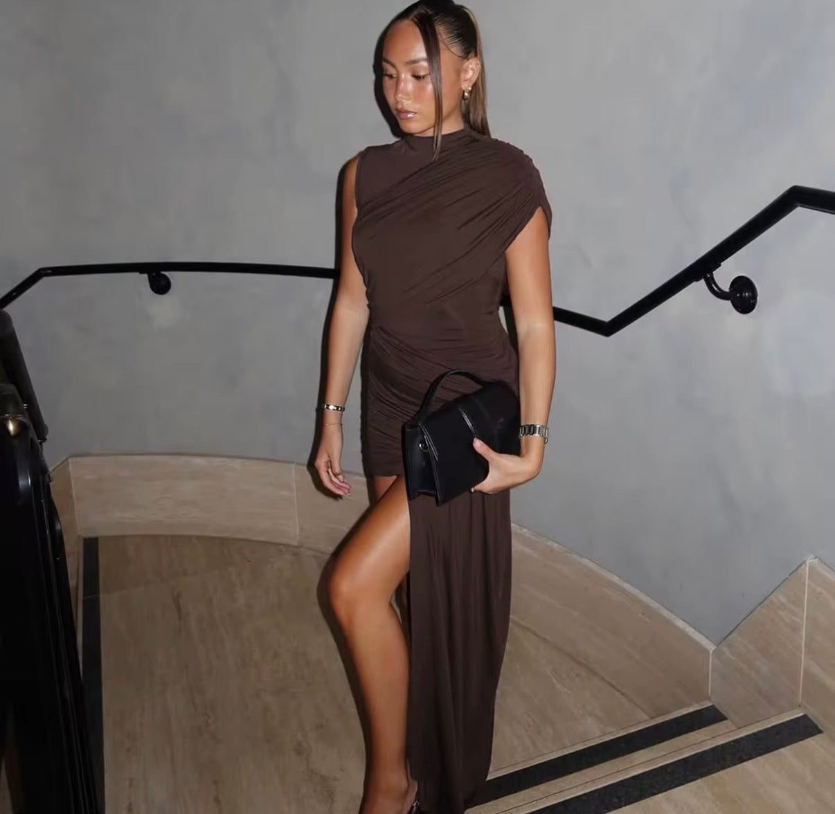 Asymmetric Ruched Mini Dress with Drape
