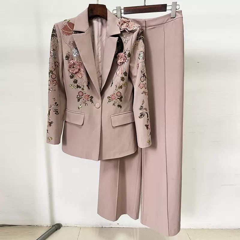 Rosalyn Embroidered Power Suit – Blush Elegance with 3D Floral Detailing