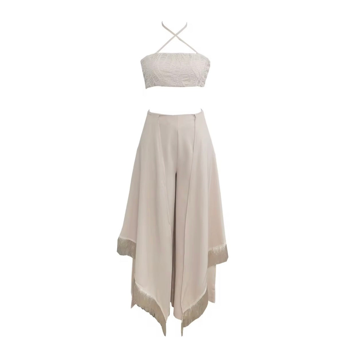Champagne Fringe Layered Wide-Leg pants