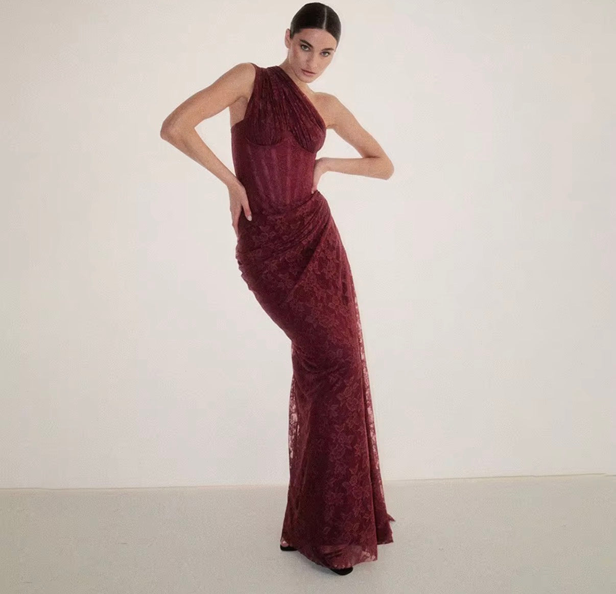 One Shoulder Ruched Lace Maxi Dress