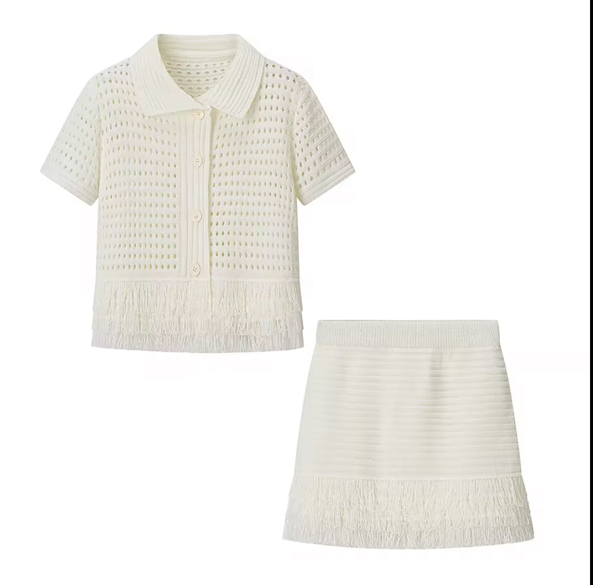 Crochet crop top and mini skirt with fringe accents