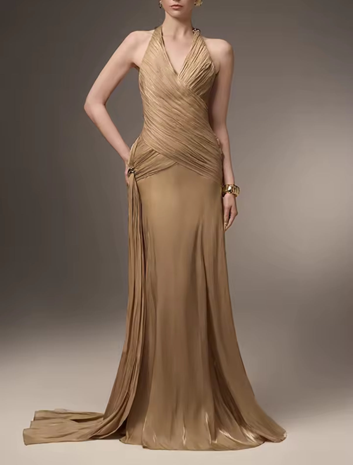 Shimmering metallic maxi dress with cross-halter neckline