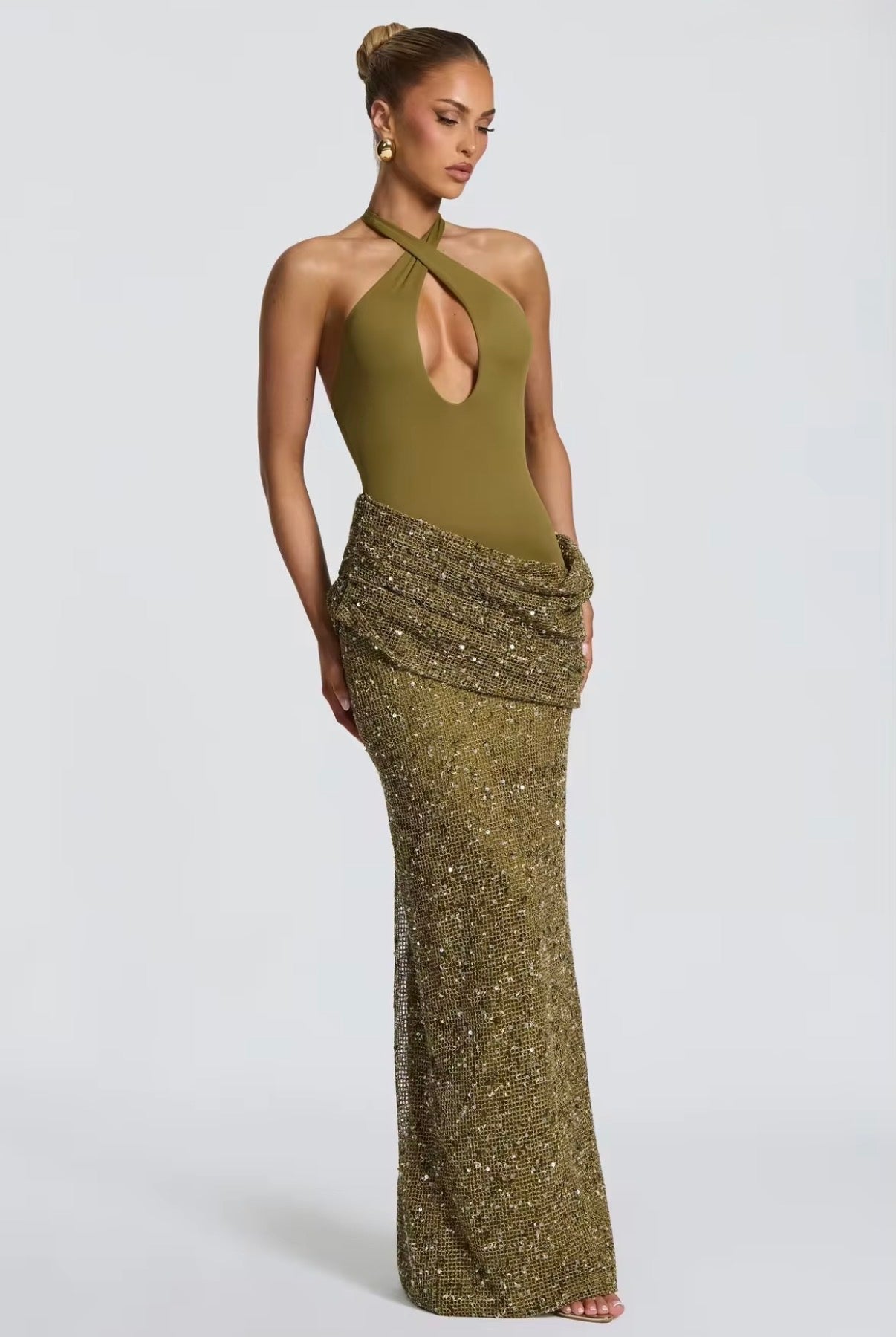 Olive Sequin Halter Maxi Dress