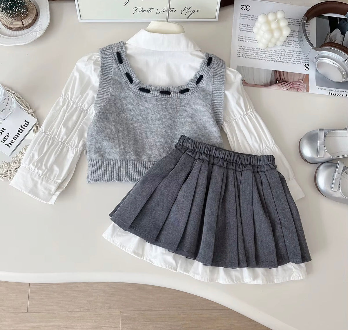 Preppy Grey Knit Vest Skirt Set