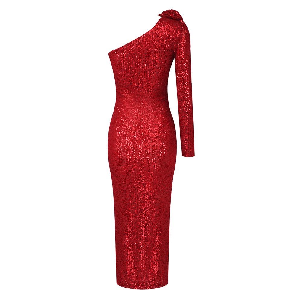 Red Scarlet Flame One-Shoulder Sequin dress
