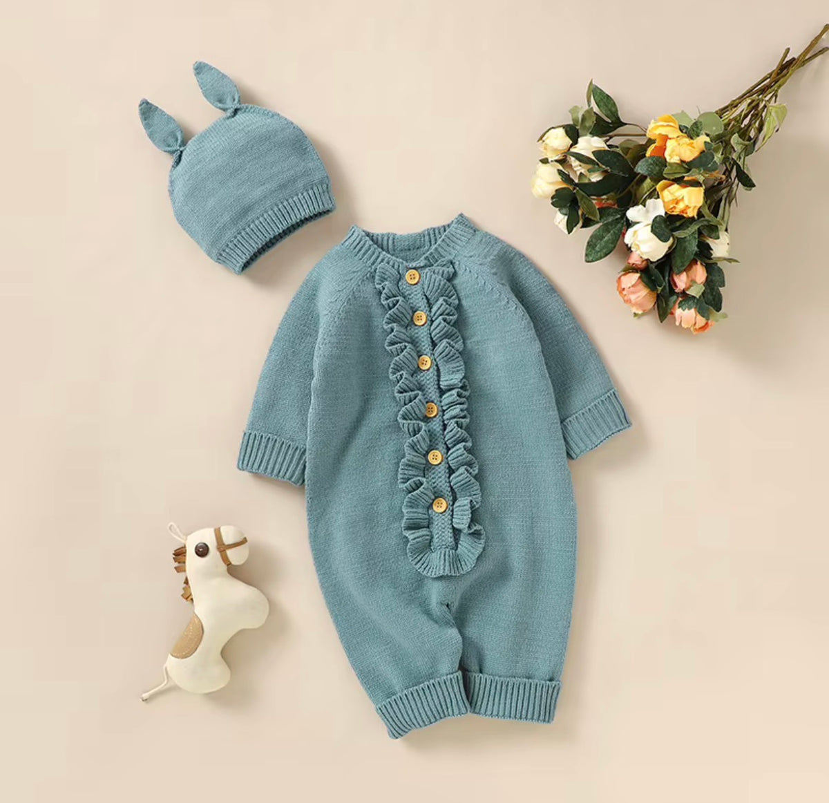 Bunny Ruffle Knit Romper Set