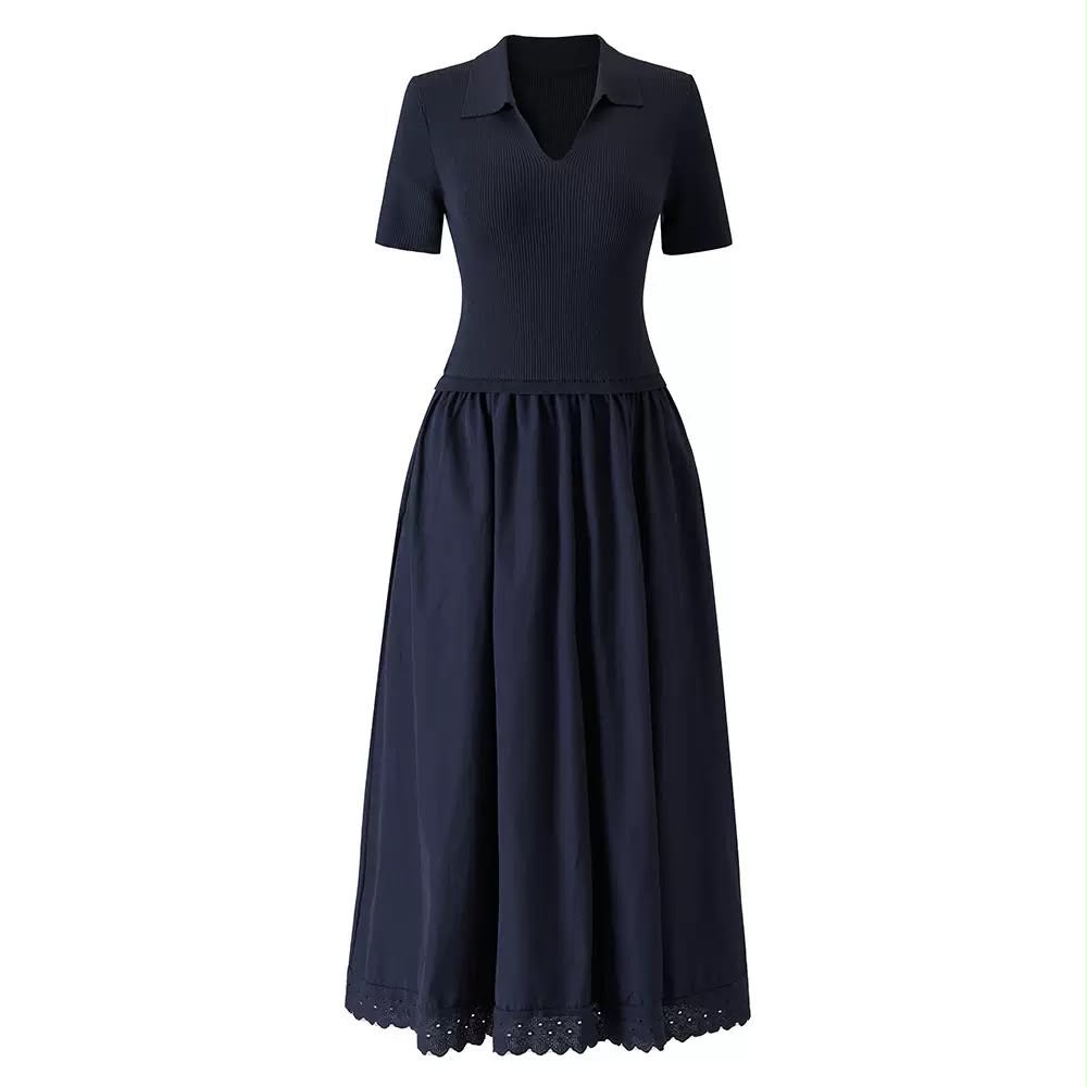 Polo Knit Lace-Trim Maxi Dress