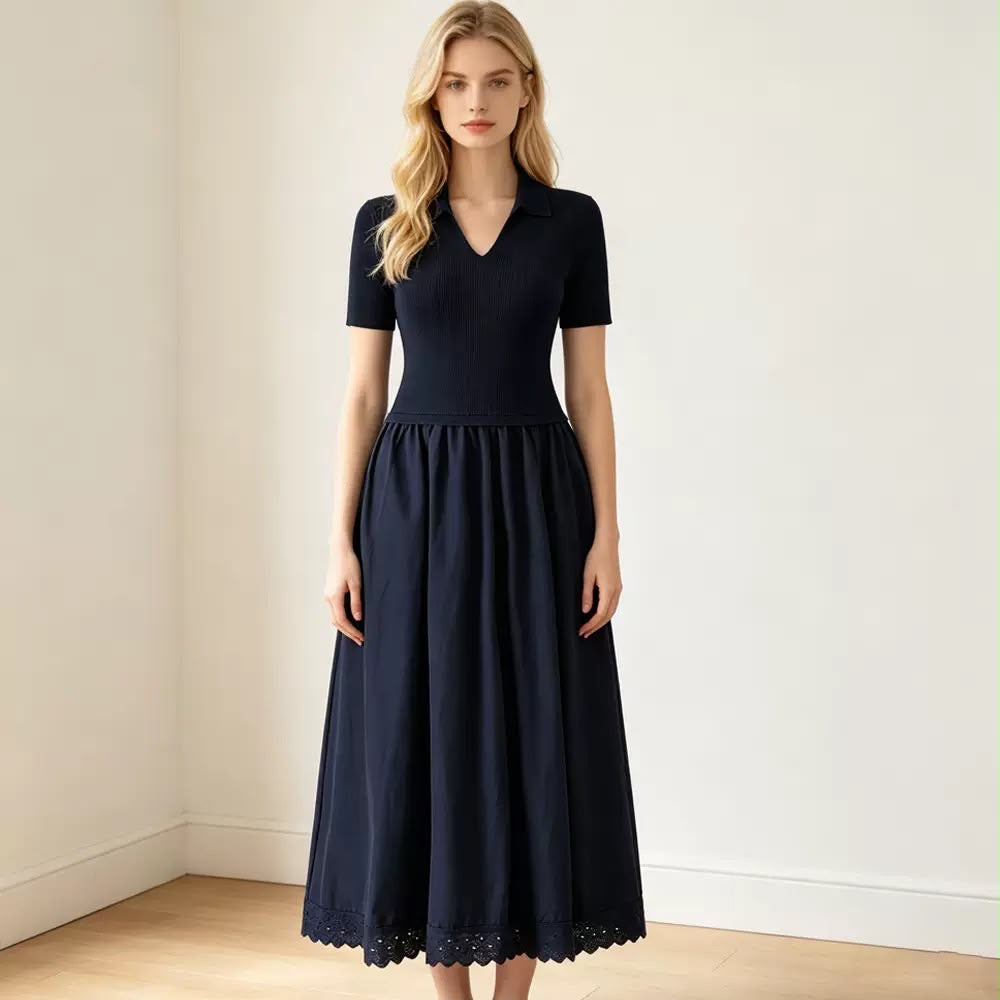 Polo Knit Lace-Trim Maxi Dress