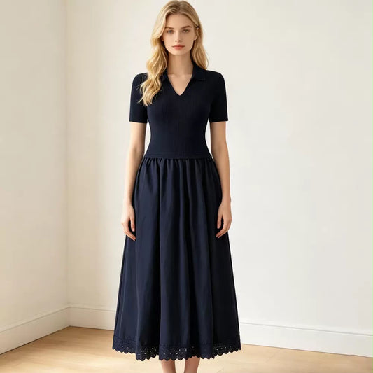 Polo Knit Lace-Trim Maxi Dress